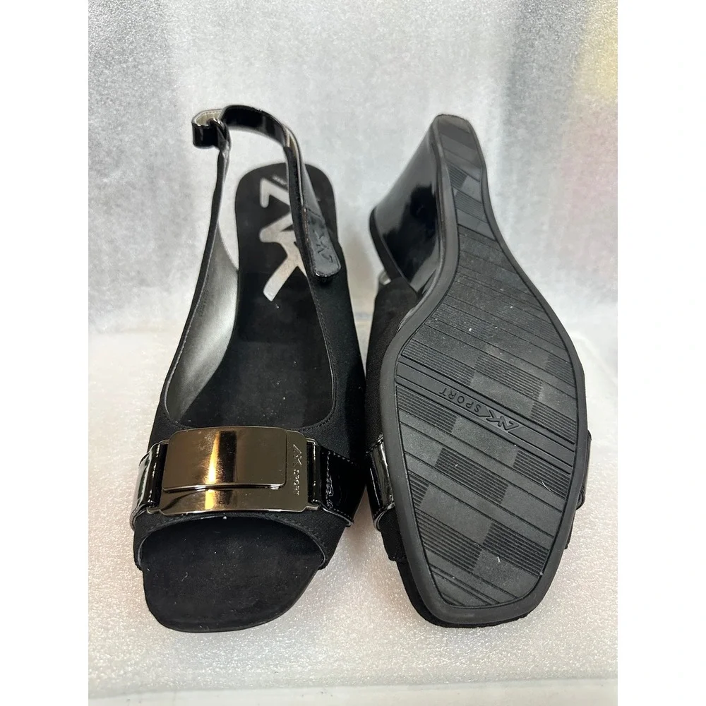 Anne‎ Klein Sport Black Slingback Wedge Peep Toe Heels Shoes Women 10M